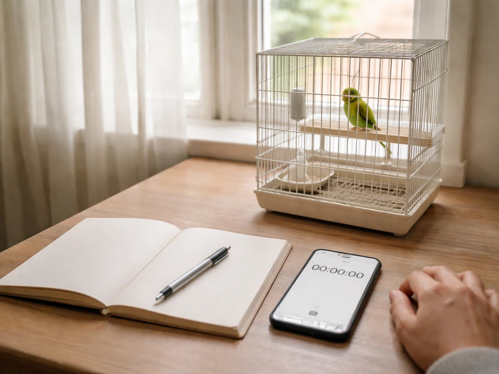 Person observing a pet bird in its cage with a notebook and phone timer nearby, minimal natural light scene