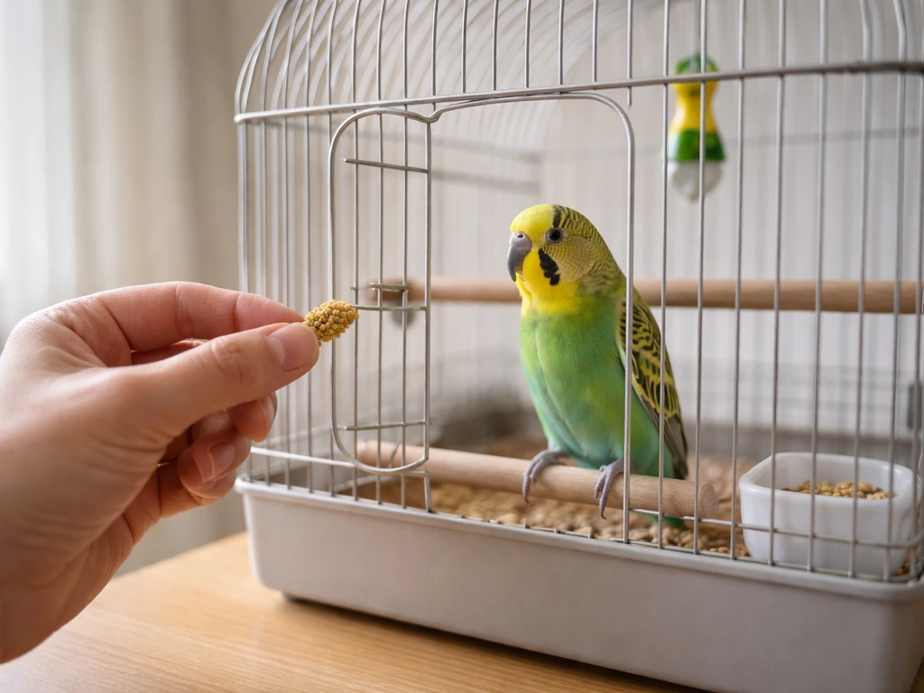Calm bird in a cage as a hand offers a treat near the door during quiet training.