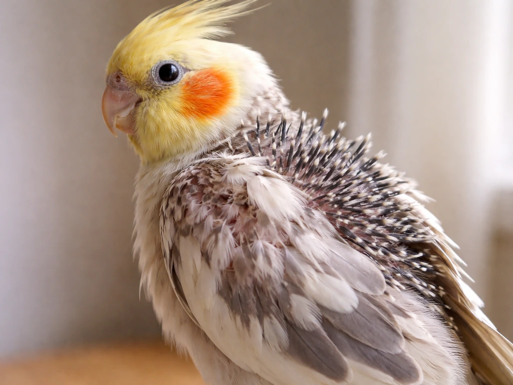 Close-up of a bird mid-molt with fresh pin feathers and partially shed plumage.