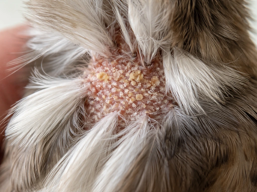 Close-up of a bird’s feather base with patchy scaling and mild crusting skin irritation.