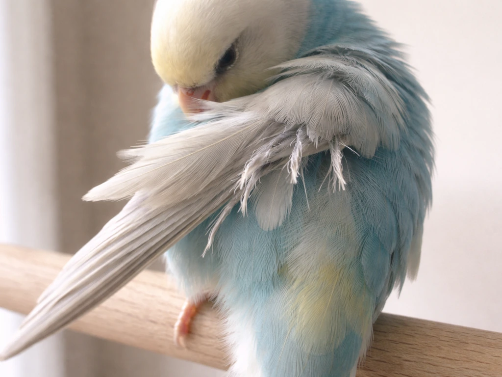 Close-up of a small bird on a perch, with visible molting and a few damaged feathers near the wing.