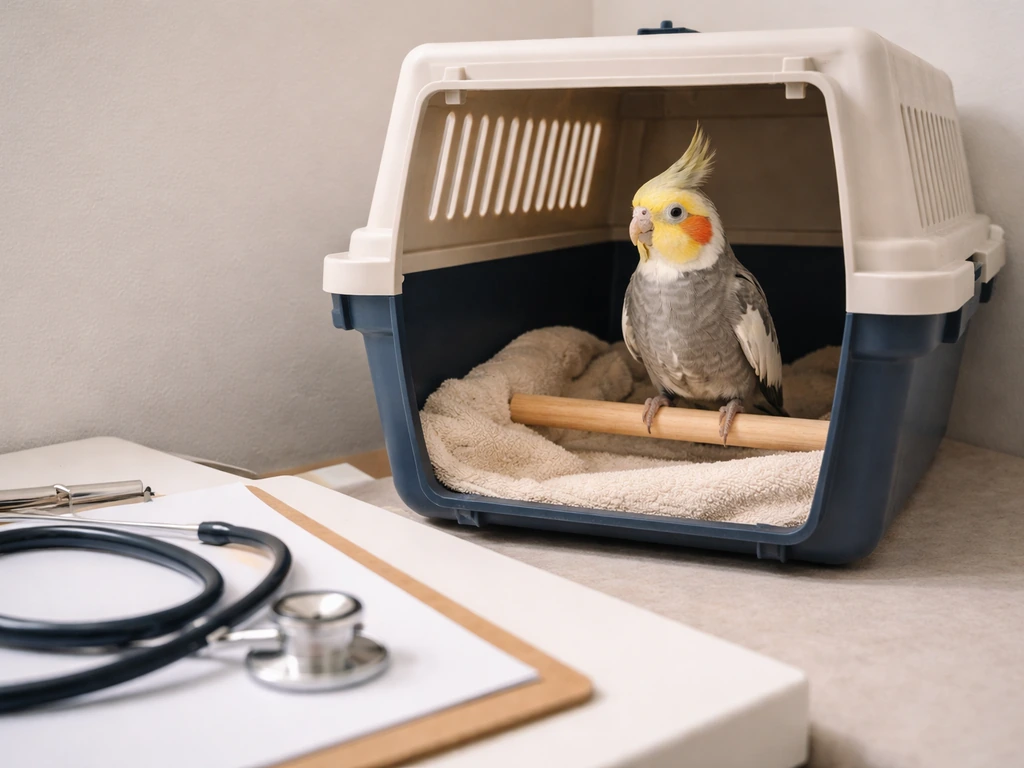 Close-up of a small pet bird on a carrier perch while a veterinarian stethoscope rests nearby.