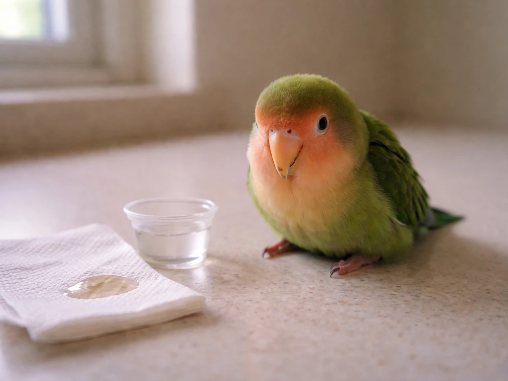 Small parrot perched by a napkin and cup with a little clear liquid, suggesting recent regurgitation.