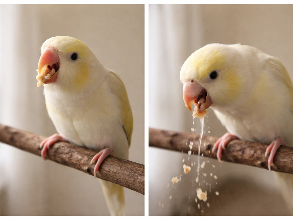 Two-part photo: bird regurgitation posture with softened food versus separate scene of active vomiting.