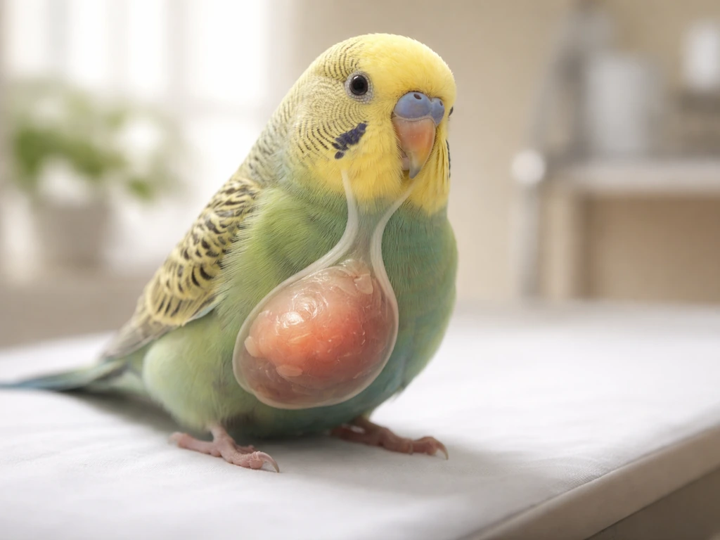 Close-up of a small pet bird with a subtle distended crop area highlighted for upper GI concern.
