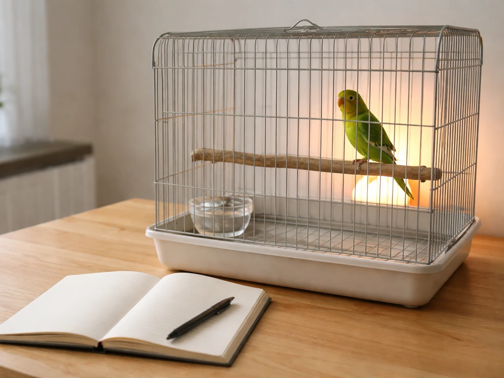 Pet bird in a cage with fresh water only, nearby notebook and warm light for at-home monitoring.