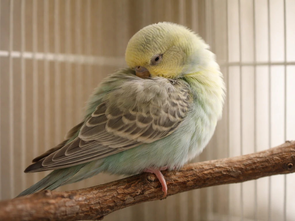 Small pet bird resting in a cage corner with one leg tucked, beak tucked, feathers slightly puffed.
