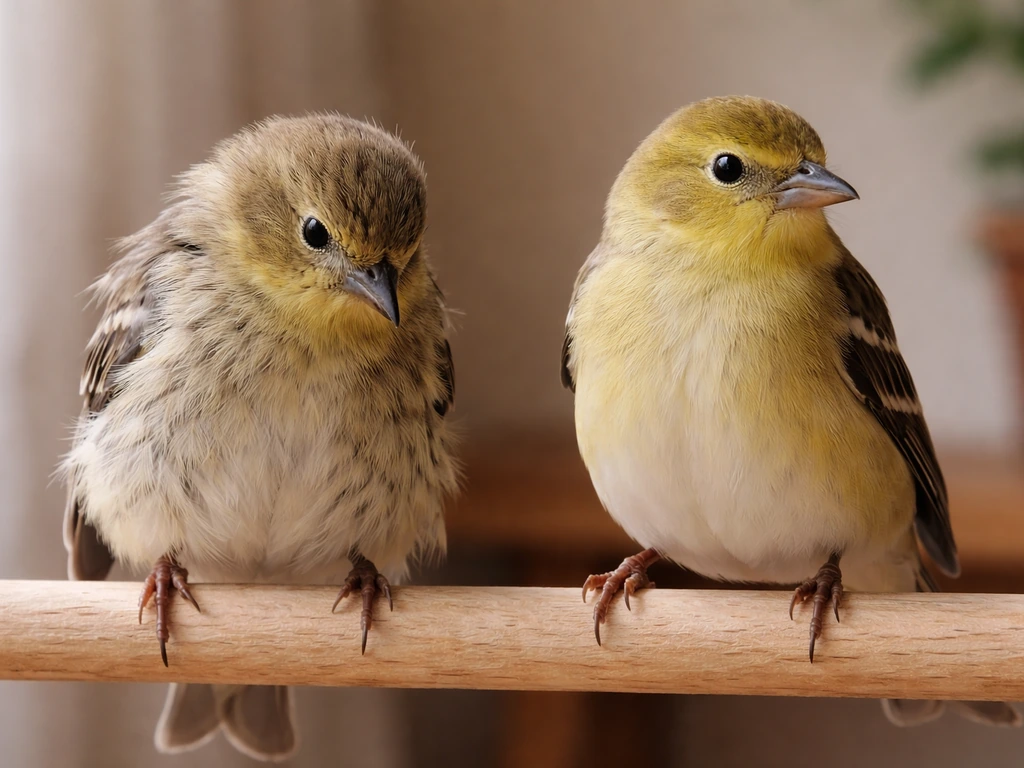Two side-by-side birds on a perch: one scruffier during molting, one with smooth feathers.
