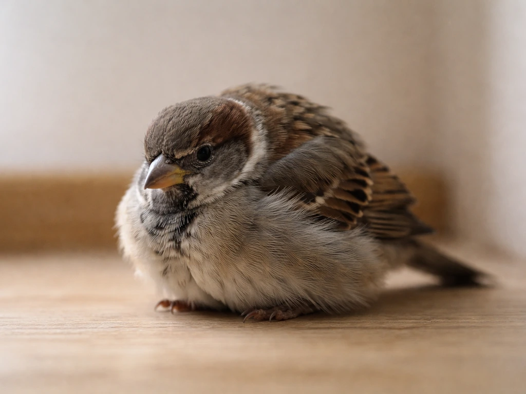 Small bird fluffed and crouched in a quiet indoor setting, looking unwell and hiding