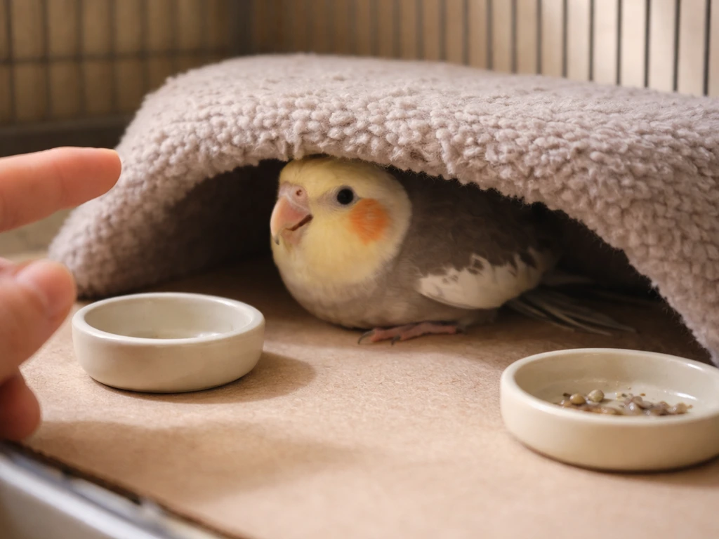 Close-up of a small pet bird hiding in a cozy perch as a caregiver observes tail-bobbing and breathing.