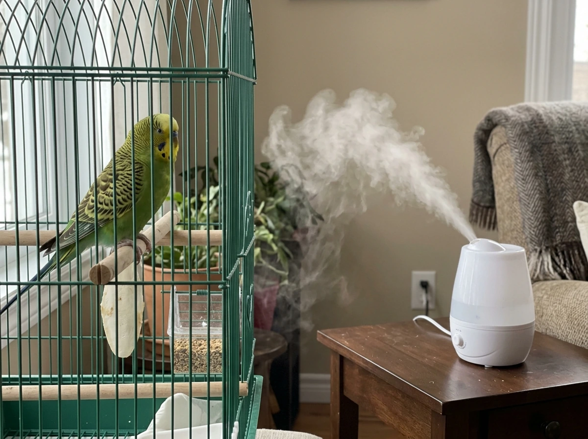 Humidifier near the bird’s cage to improve dry-air conditions affecting skin and feathers.