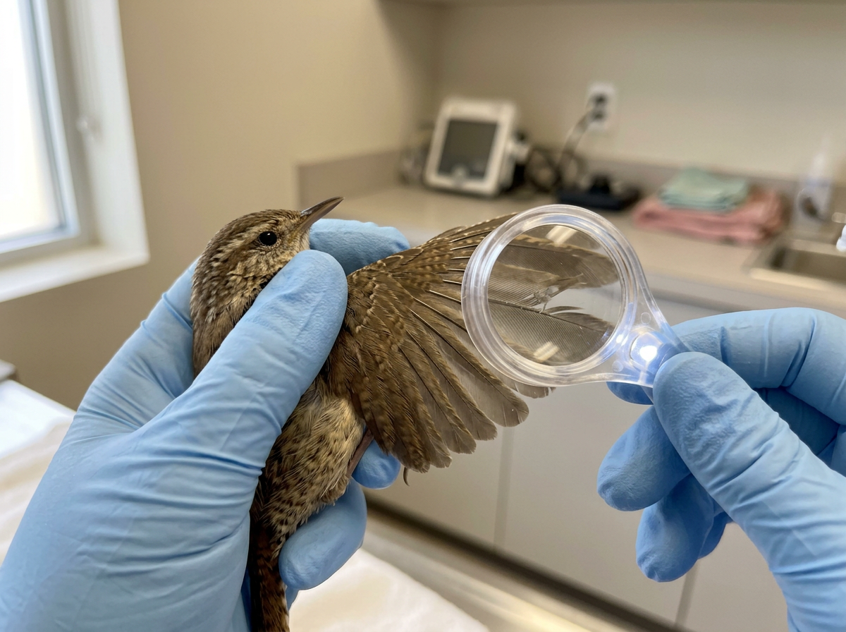 Magnified feather inspection to check for mites or lice causing poor preening.