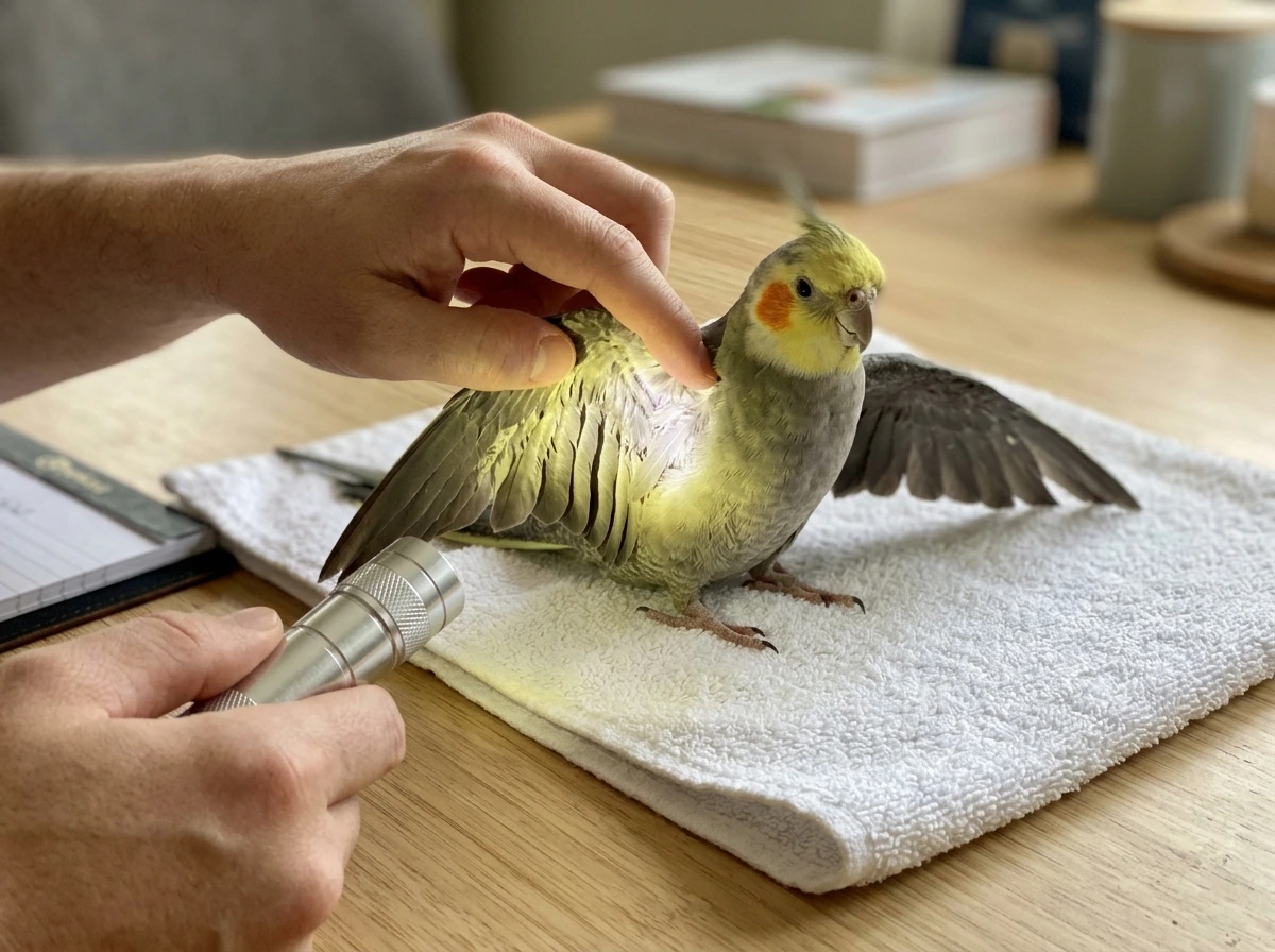 Caregiver lighting and checking a bird’s feathers for dullness or bald patches.