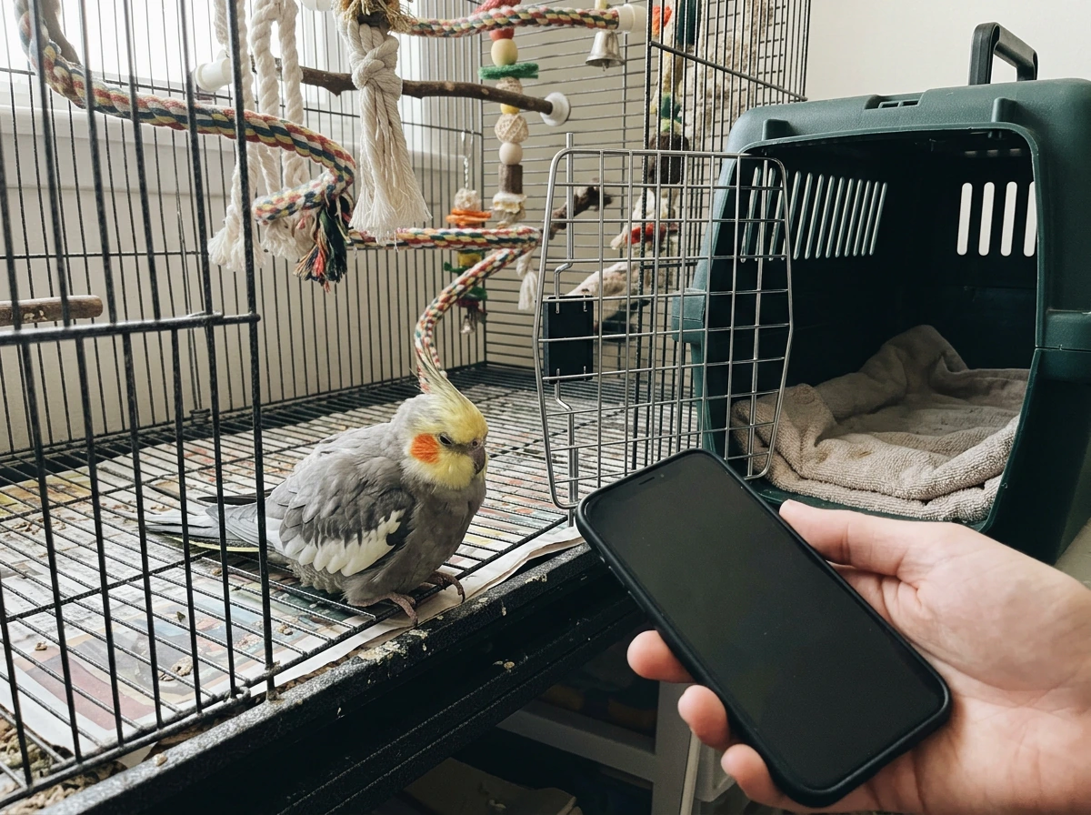 Bird with fluffed, low posture in the cage with travel carrier ready for urgent vet care.