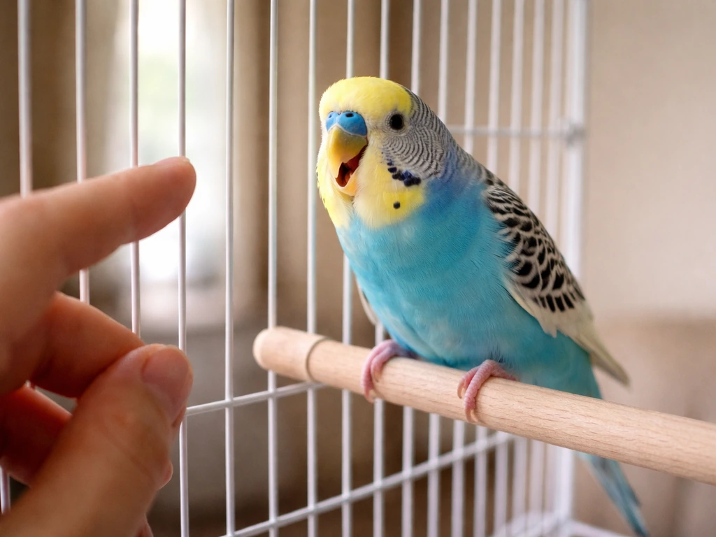 Budgie on a cage perch reacting as a hand approaches, mouth open as if calling for attention
