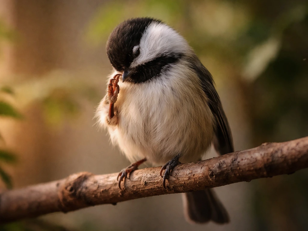 Calm bird perched and preening its feathers at dusk with a softly blurred background.