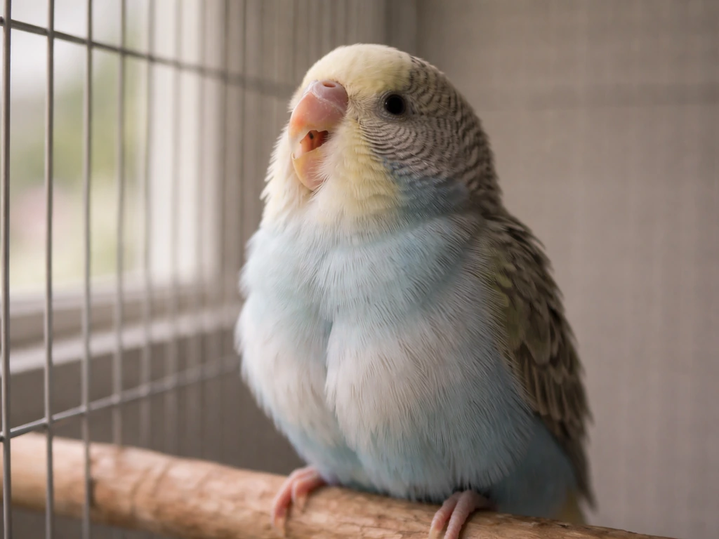 Small pet bird with open-mouth breathing effort, chest subtly lifted, in a simple indoor cage setting