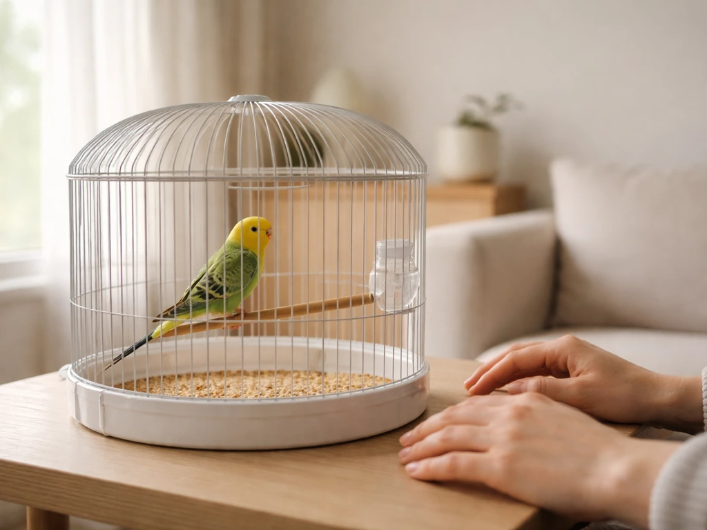Caregiver watching a small pet bird in its cage next to a window, noting breathing and tail movement.