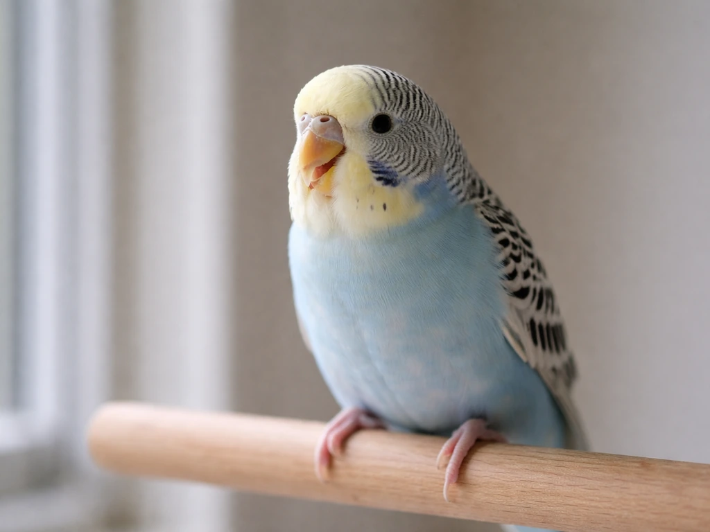 Close-up of a small pet bird perched indoors with its beak slightly open, suggesting normal breathing.