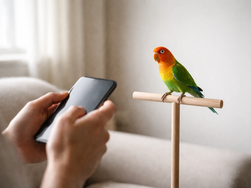Hands hold a phone timer while a parakeet perches on a wooden stand, quietly observed.