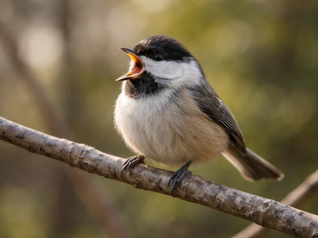 A small bird perched on a branch yawning with its beak wide open, relaxed feathers, natural light.