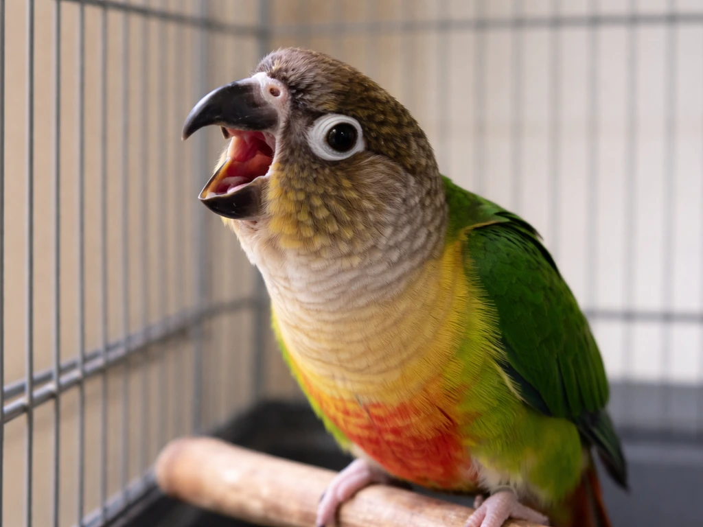 Close-up of a small parrot stretching with its beak open wide, then beginning to close indoors.