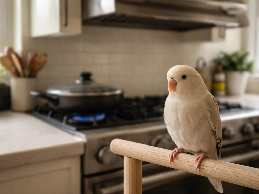 Bird perched near a kitchen stove with a lit burner and visible ventilation, suggesting fume risk