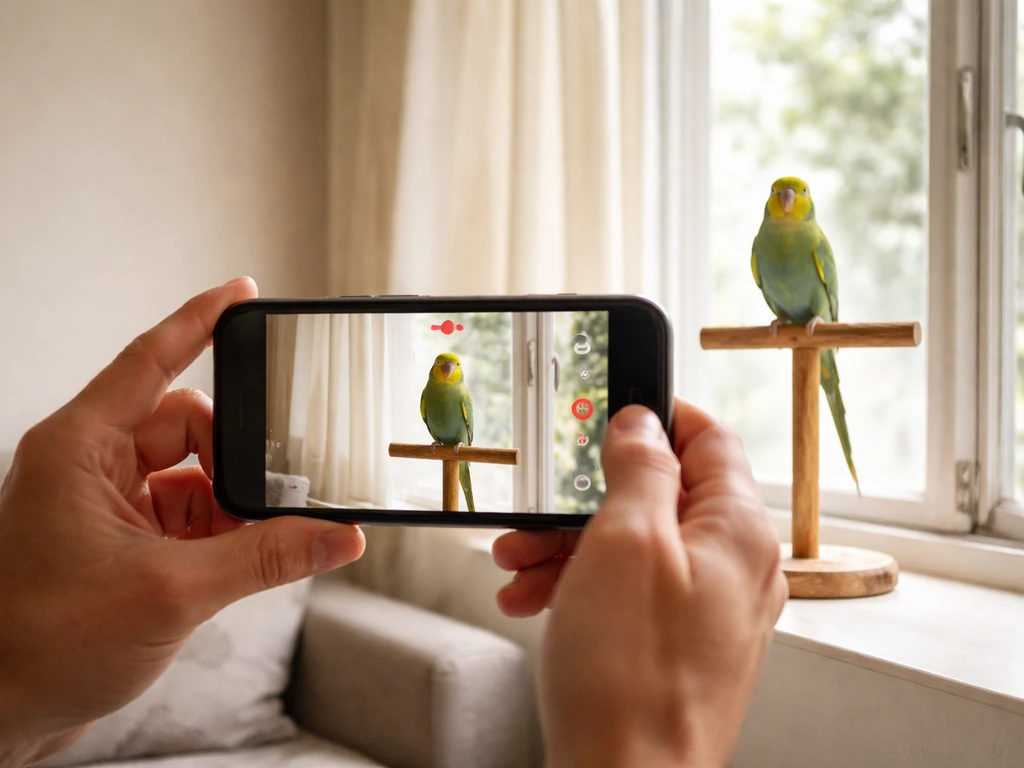 Small bird perched by an open window while someone records a short phone video of its behavior.