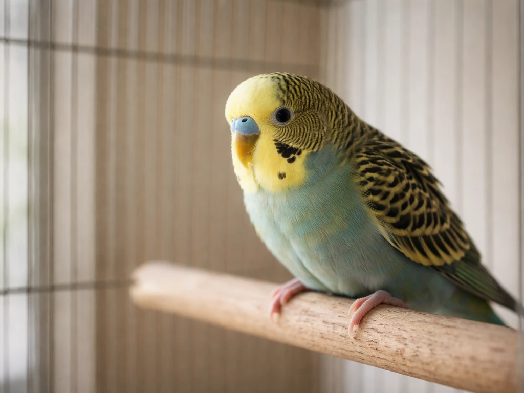 Close-up of a small pet bird in a simple cage, tense and alert with feathers pressed flat.