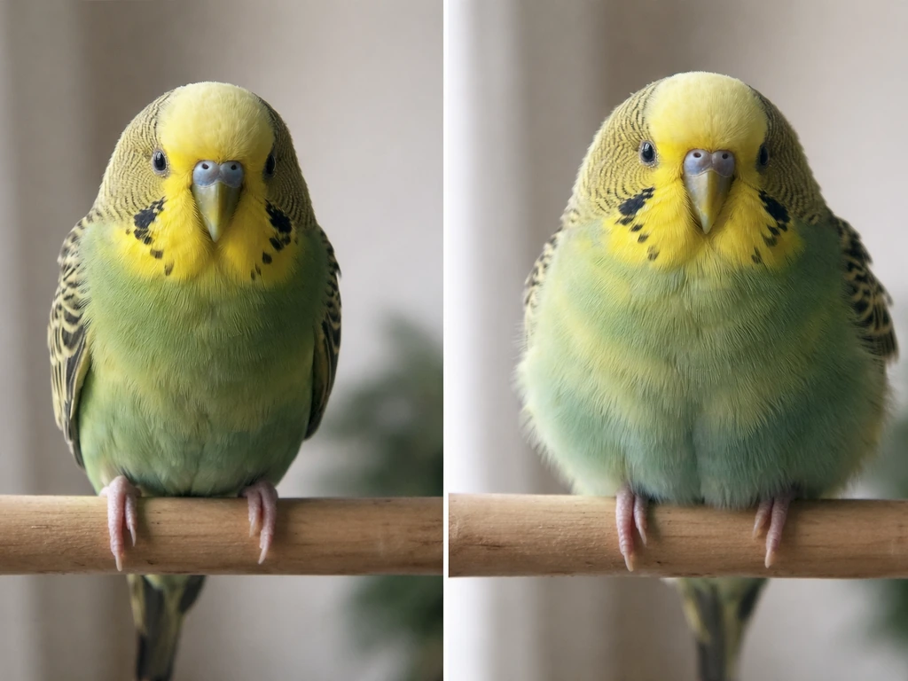 Close-up comparison of a bird with slicked-flat scared posture versus a relaxed, fluffed posture.