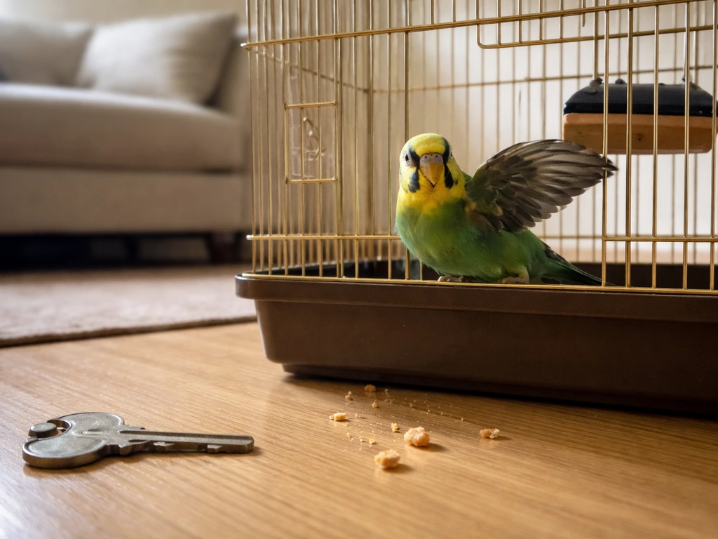 A small bird in its cage startles as a key falls near it on the floor.