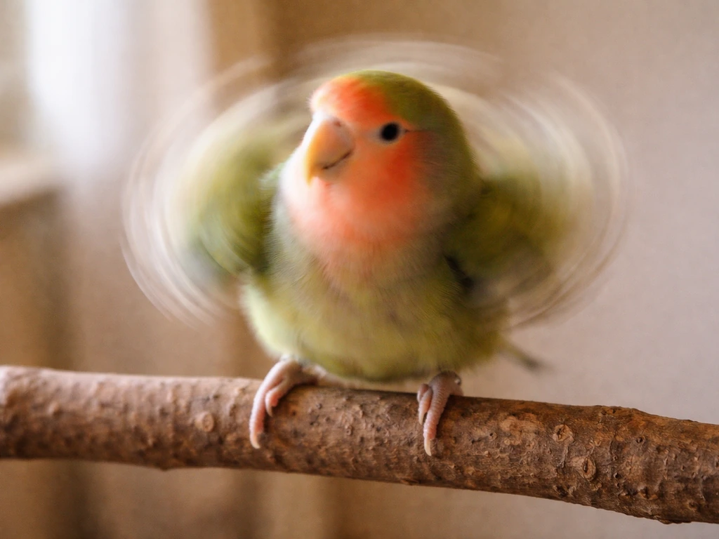Close-up of a small pet bird circling on a perch in a calm indoor setting.