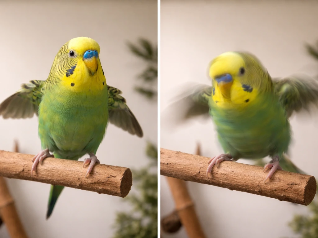 Split view of a parakeet briefly spinning normally versus a disoriented parakeet unable to stop spinning.