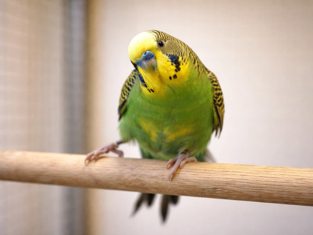 Small bird perched on a dowel showing wobbling, unstable footing in a quiet indoor setting.