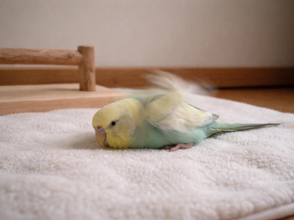 Small pet bird lying on the floor near a perch, showing abnormal posture suggesting a seizure episode.