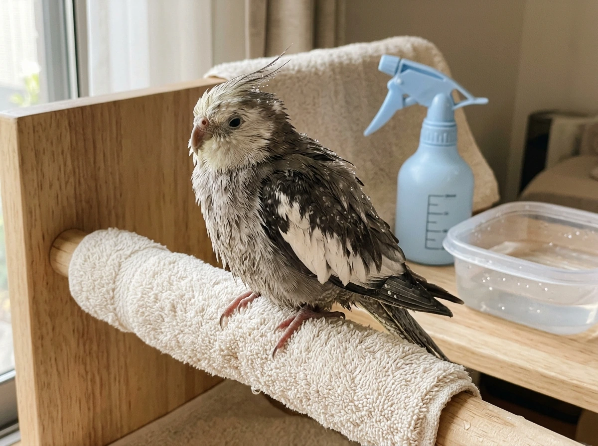 Bird shivering after bathing with damp feathers and a towel perch.