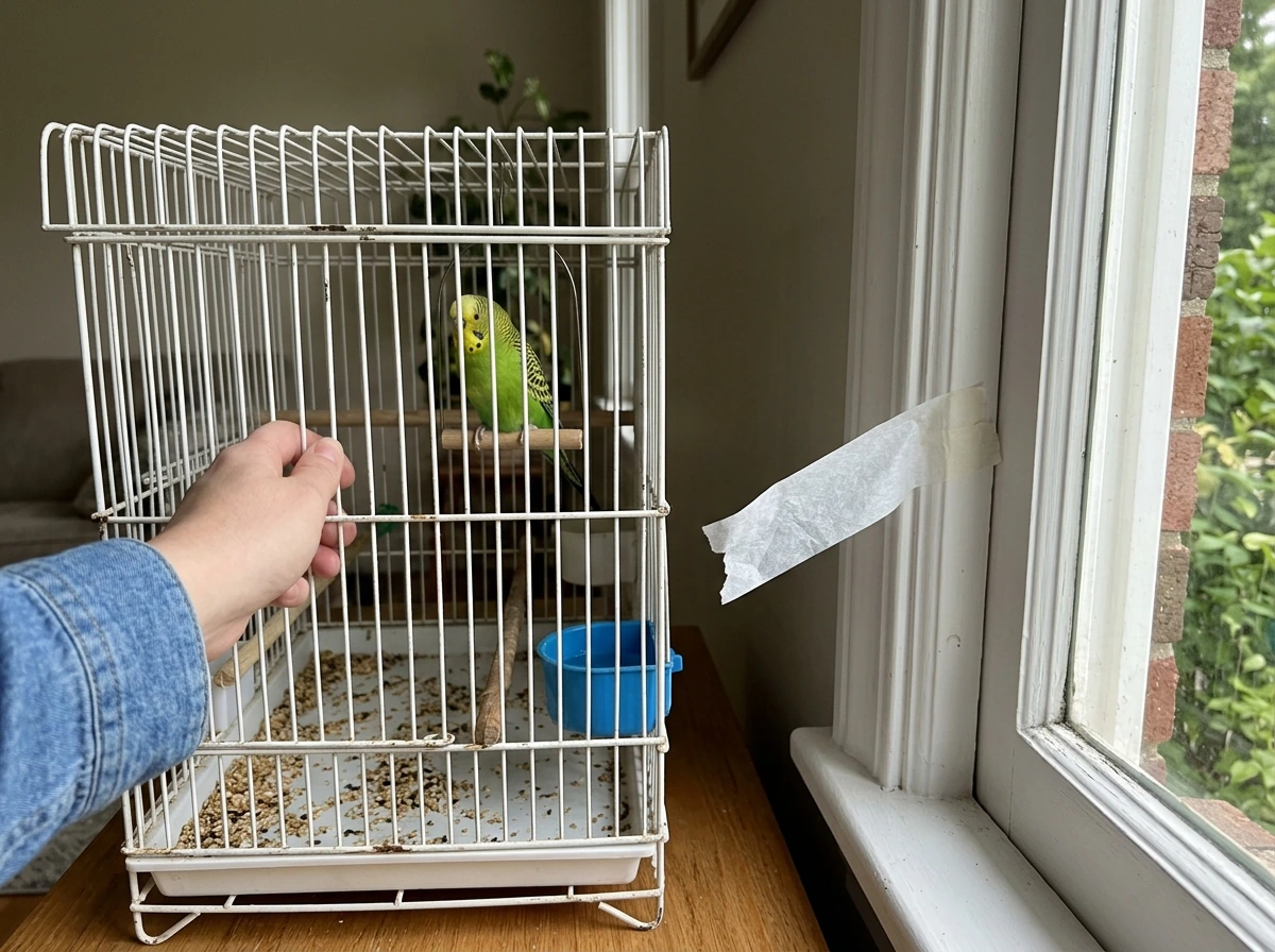 Moving a bird’s cage away from a window draft to stop shivering.