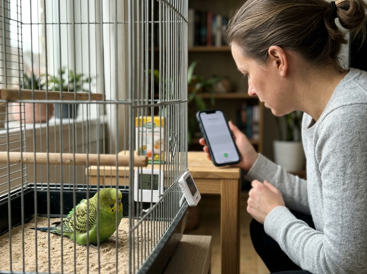 Shivering bird with fluffed posture while the owner prepares to contact an avian vet.