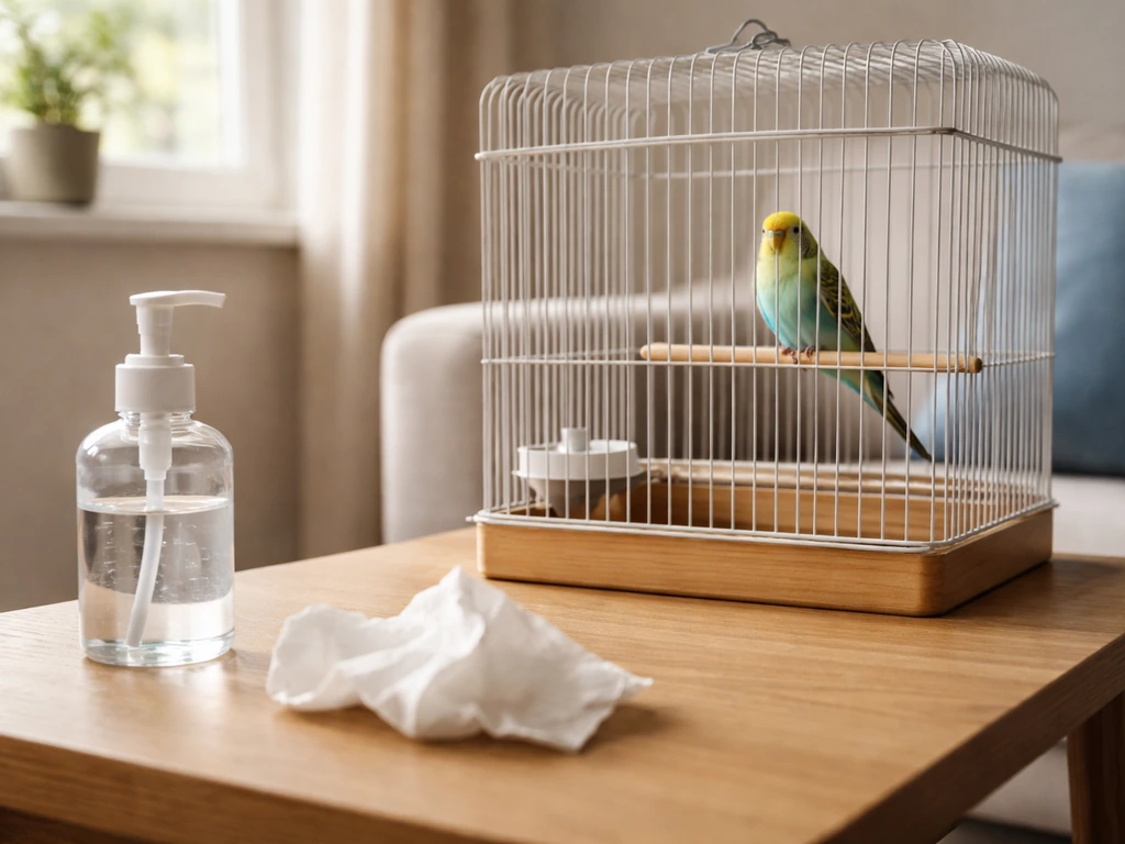 Small pet bird perched inside a simple cage in a bright home room with nearby hygiene items
