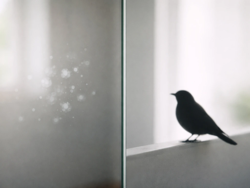 Minimal photo showing a barrier between a human-like respiratory particle cloud and a bird silhouette.
