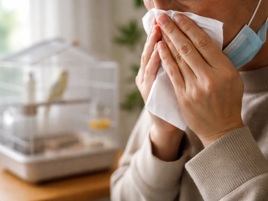 Anonymous person covering a cough with a tissue near a bird cage in the same room.