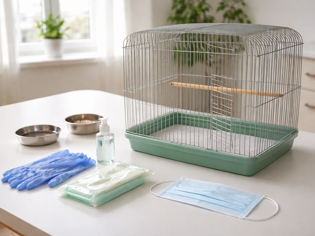 Gloves, hand sanitizer, a mask, and cleaning wipes laid beside an empty bird cage in bright daylight.