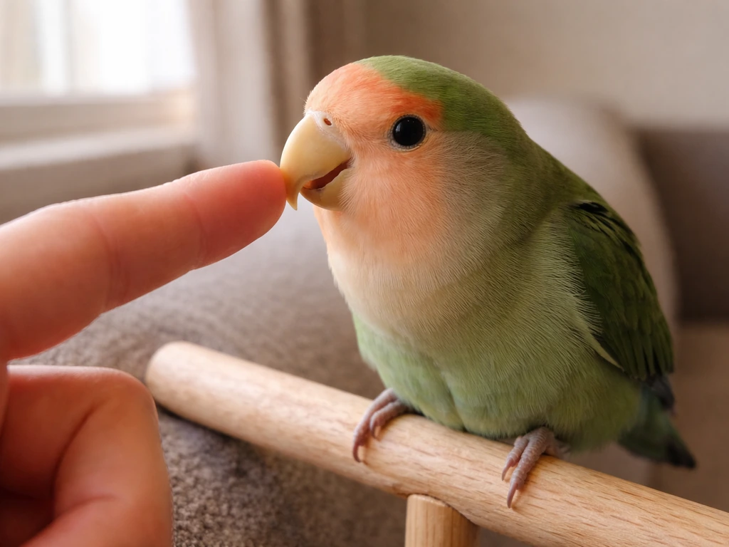 A small pet parrot gently nibbling a human finger in a calm, curious moment.