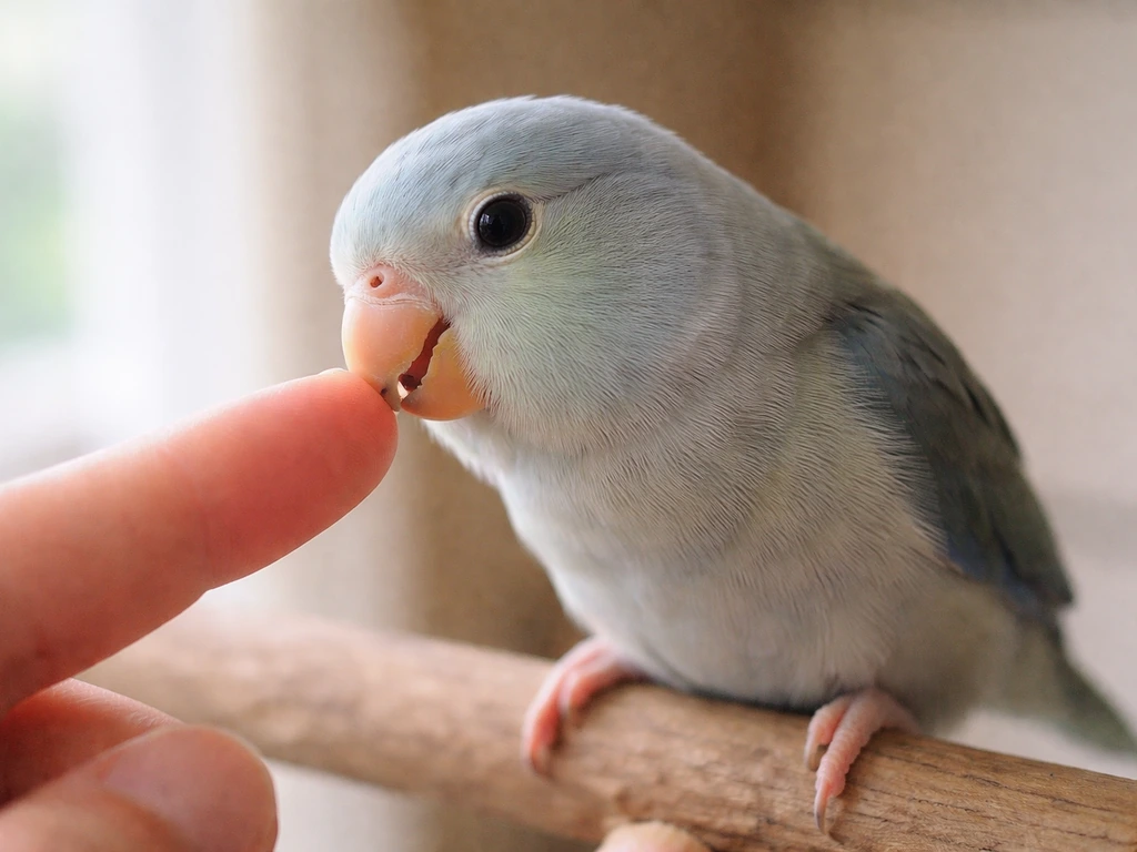 A small pet bird gently nibbling a finger while perched, calm and non-aggressive.