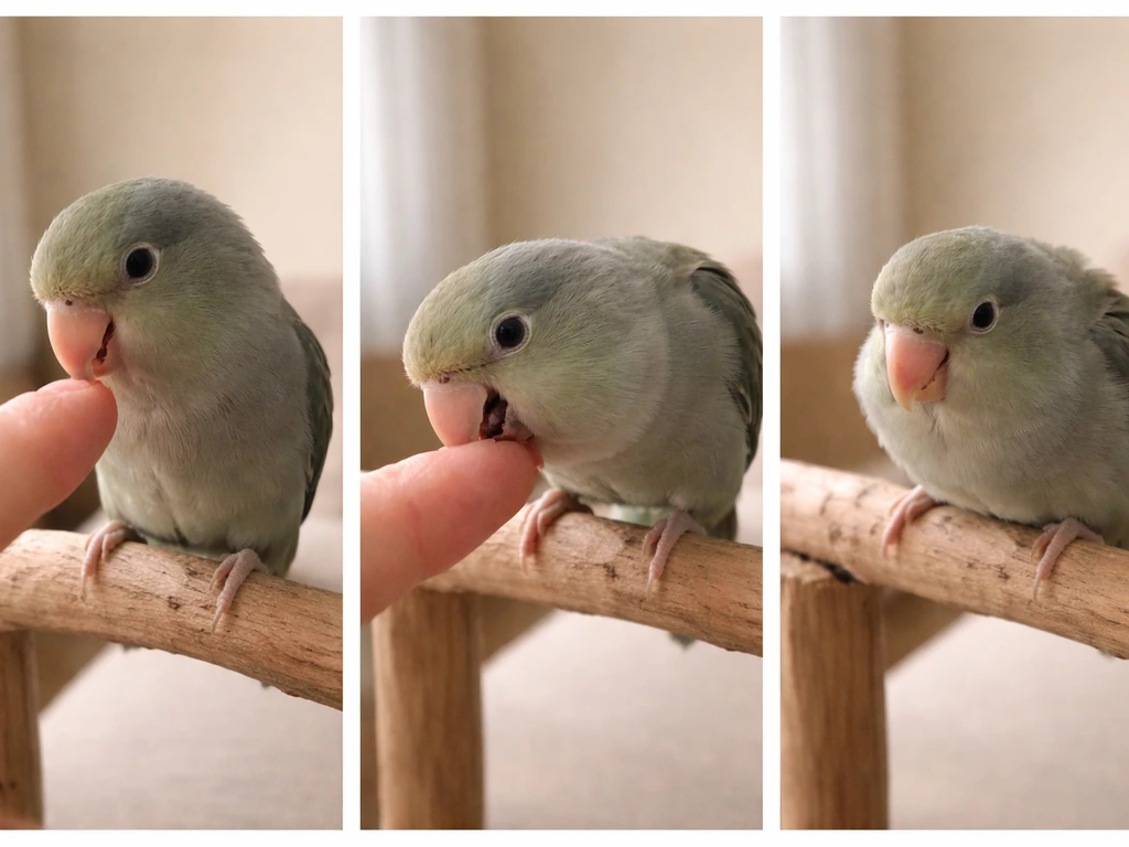 Three-panel photo comparing a calm nibble, a true bite, and stress behavior in a small pet bird