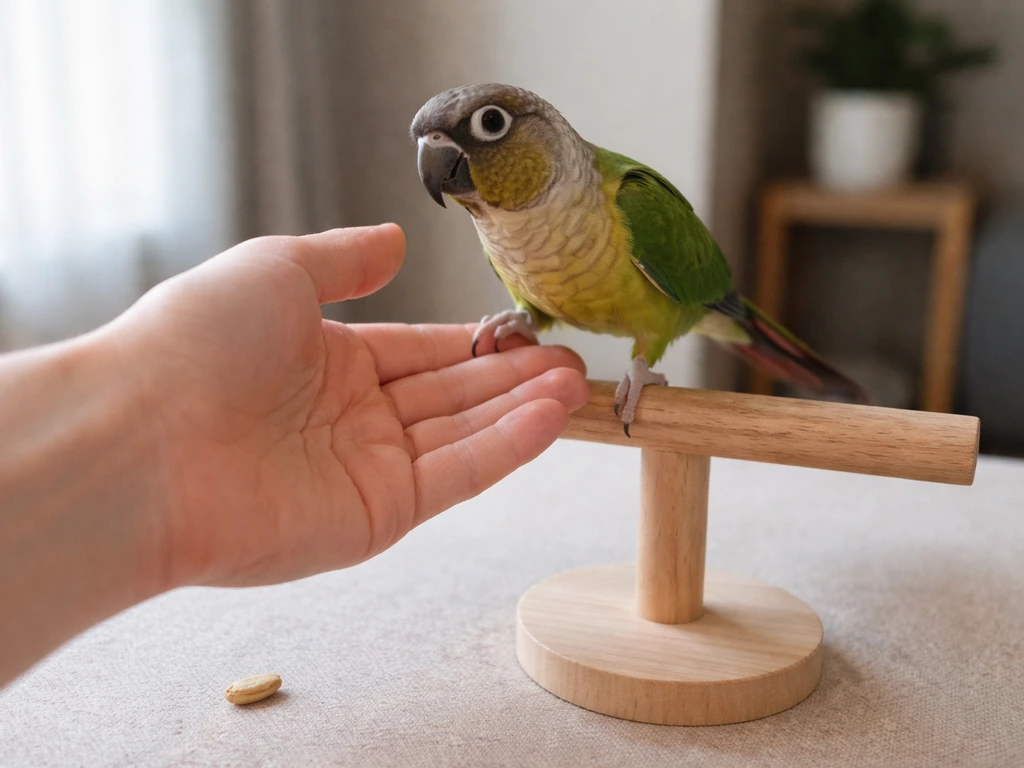 Small parrot stepping onto an open hand during cue training with a treat nearby for reinforcement.