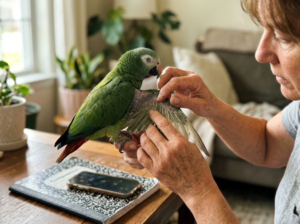 Owner gently inspecting the bird’s feathers and skin at home