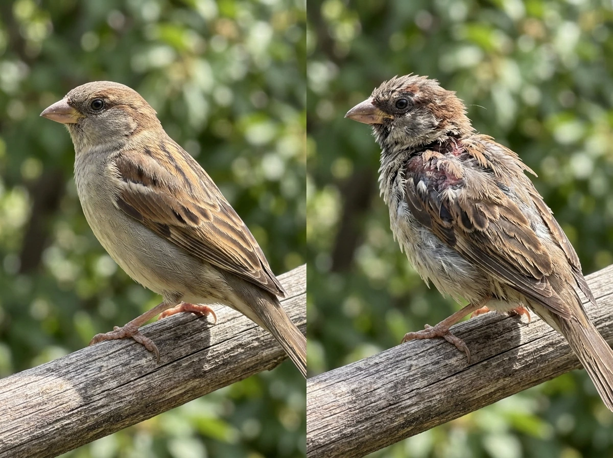 Side-by-side normal grooming vs excessive preening feather and skin condition