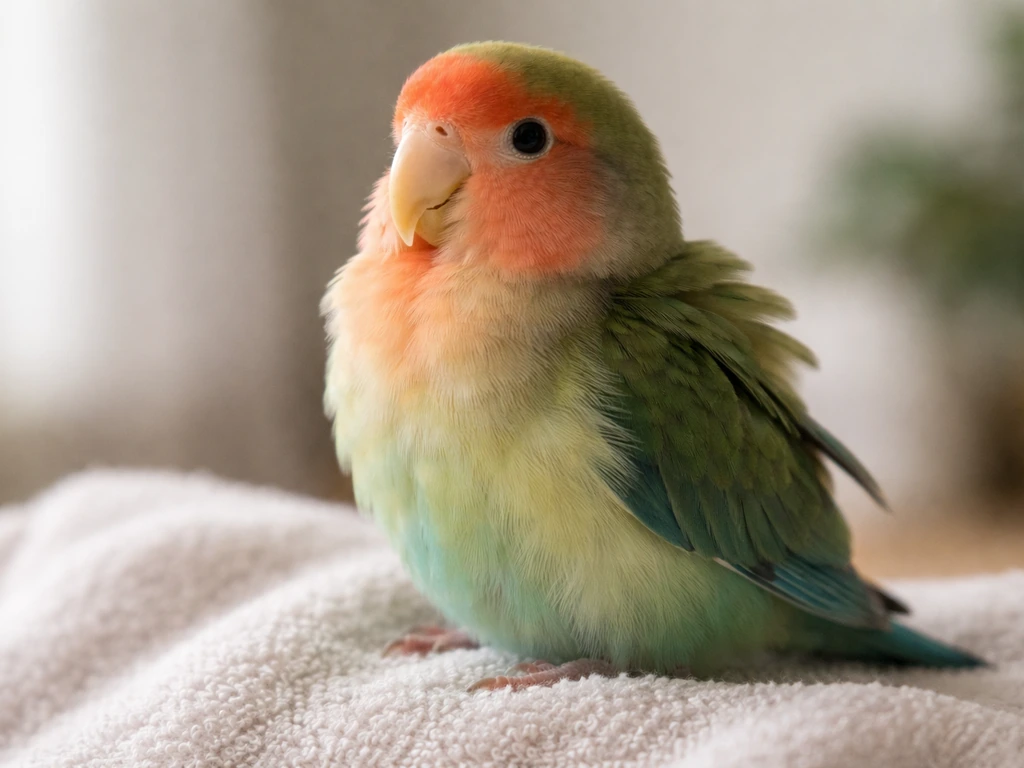 Close-up of a resting pet bird with one feather slightly sticking out, showing normal shifting