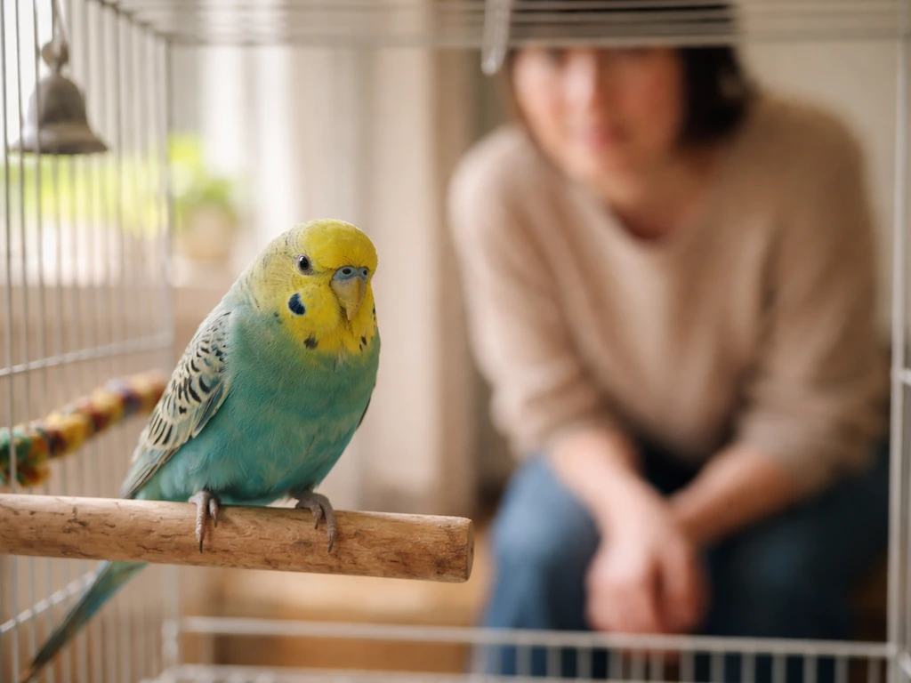 A calm caregiver observes a small pet bird from a safe distance before touching it.